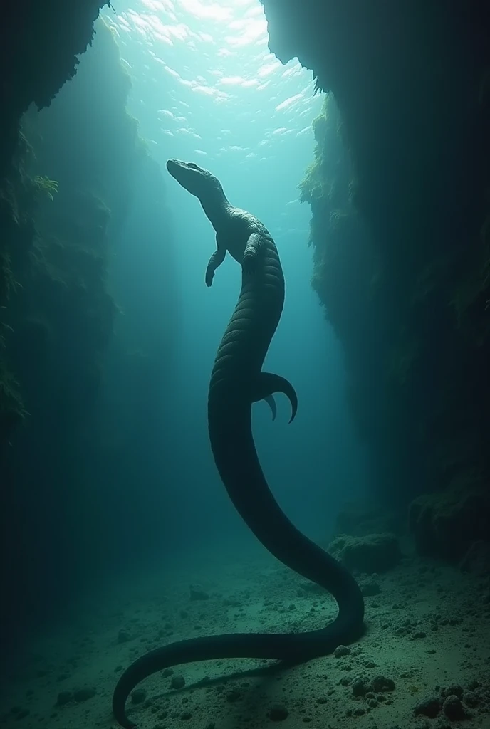 Giant Gulper Eel: A colossal Gulper Eel with its mouth wide open in a dark underwater cave, revealing sharp teeth and a whole fish bigger than its head about to be swallowed. Dramatic lighting highlights the texture of the scaly skin and the details of the creature. (Realistic style, high resolution)