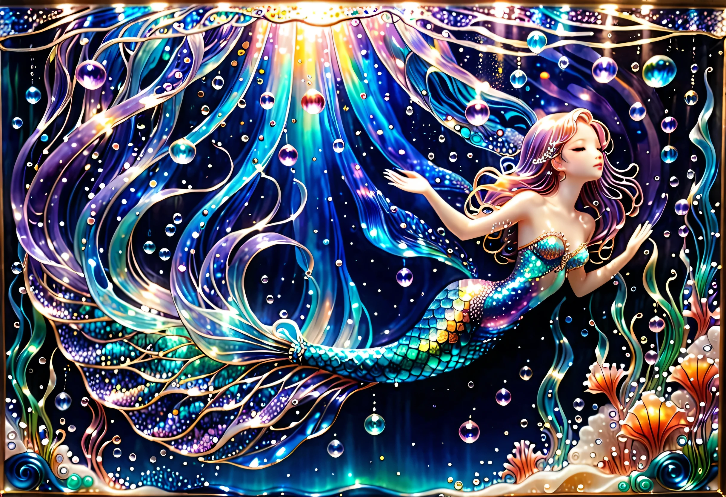 人fish 人fish姫 mermaid fish The ocean's beautiful element jelly-like ocean, Amazing depth, Bubble swim In the sea glitter reflection、 stained glass Glass water waterの中 beautiful Painting