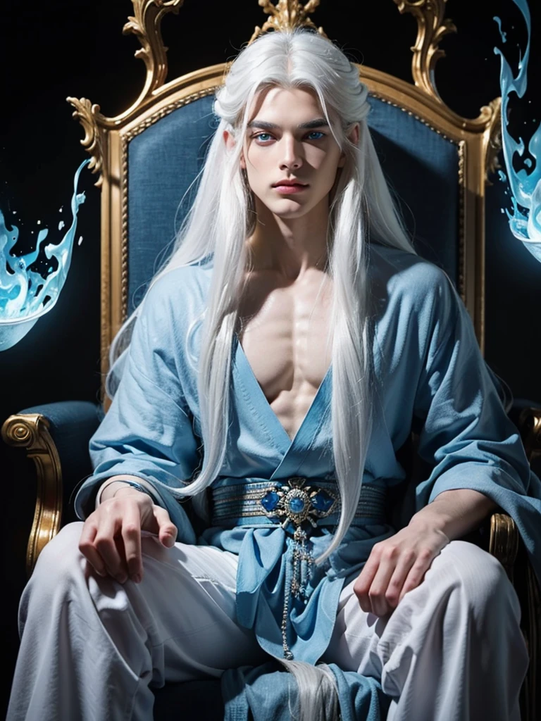 young man, very handsome, long white hair, blue eyes, wearing a blue tunic, blue fire flames, blue fire in the background of the image , blue fire, fox eyes, fuller face, with defined jawline, 8k, super detail, top quality, long white hair, no shirt , a god, Super powers , god of dazzling beauty , man with effeminate face, white hair, god, full face, soft eyebrows, thick lips, sitting on a high throne, symmetrical face, bright blue eyes 