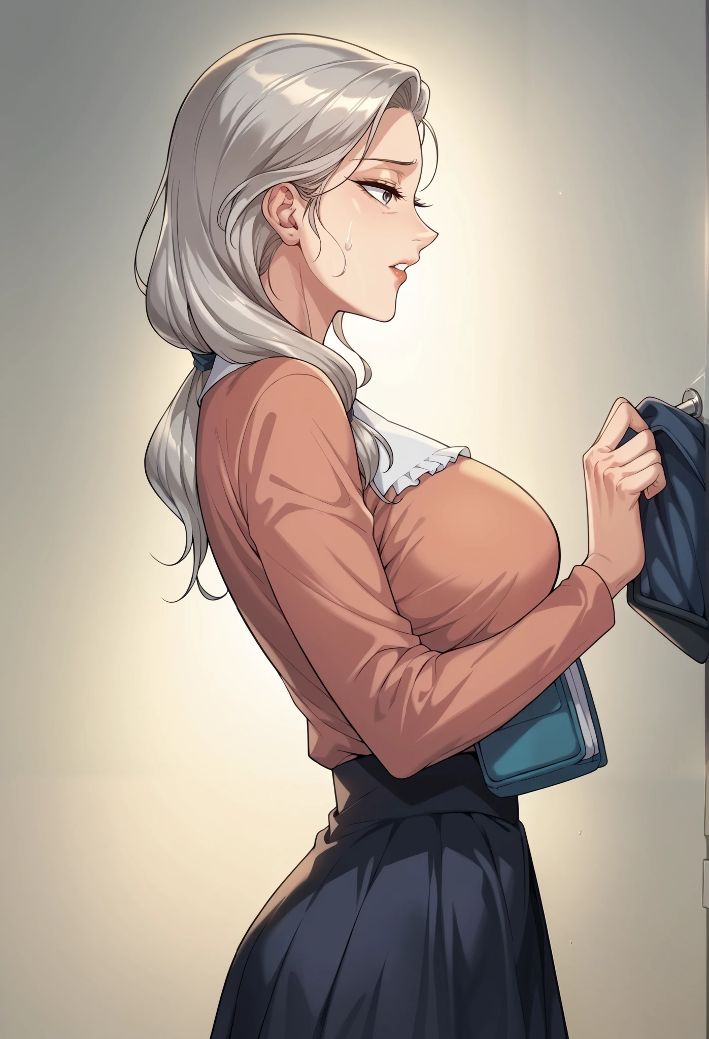  hyperrealistic, Grandmother, Mother and daughter,  mature woman,  anal sex, Perfect face,  perfect lighting , sexy lips,white髪、long gray hair、  low tied long hair 、Sexy female,  big breasts, sweat、white(( Center frill  ))blouse、 tight blue high-waisted skirt 、((from the side:2))