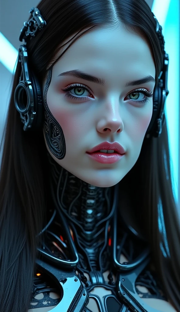 create a futuristic woman with long loose black hair, vibrant blue eyes, thick lips, very beautiful, with a serious face, and with robotic parts