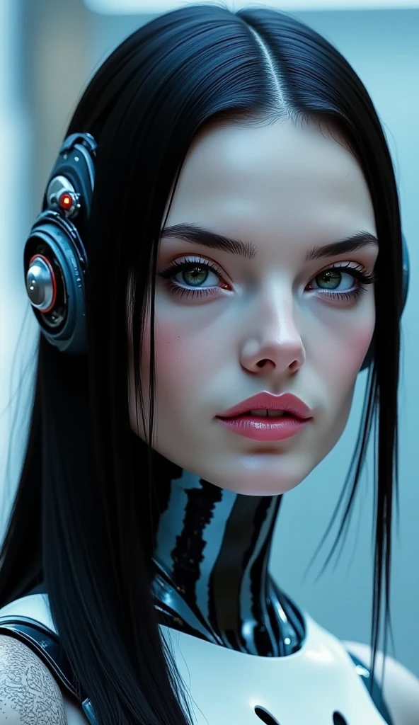 create a futuristic woman with long loose black hair, vibrant blue eyes, thick lips, very beautiful, with a serious face, and with robotic parts