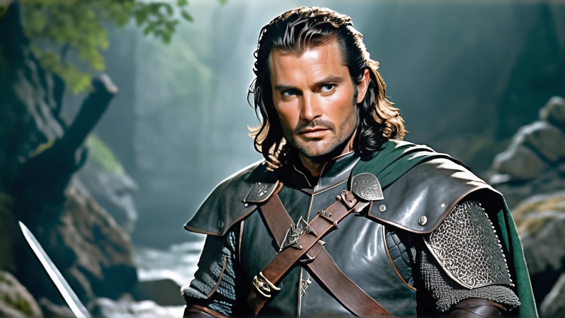 Aragorn, he is holding his sword, showcasing his rugged appearance and iconic attire. He has long, slightly unkempt dark hair, a trimmed beard, and piercing gray eyes that reflect both wisdom and resolve. He is dressed in a weathered leather coat over a dark tunic, with a green elven cloak fastened by a leaf-shaped brooch. His look is completed by sturdy boots, leather bracers, and a subtle chainmail shirt peeking through. The overall style conveys a weathered yet noble demeanor, highlighting his dual identity as a ranger and the rightful heir to the throne, ld movie, 1950 panavision, retro style, vigo mortinsen face