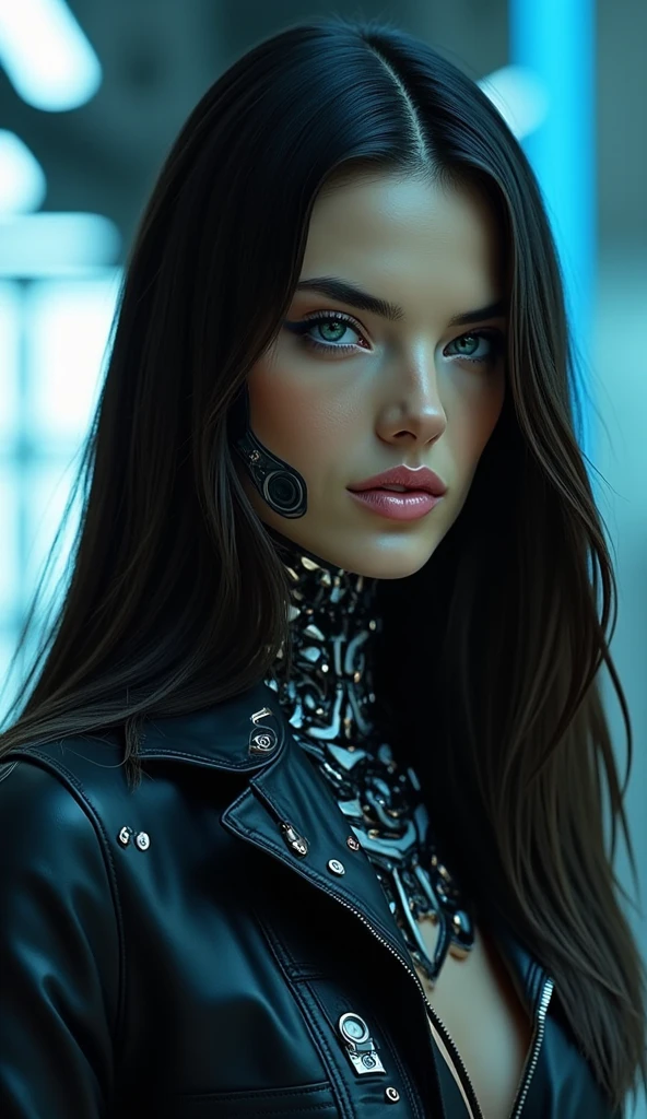 create a futuristic woman with long loose black hair, vibrant blue eyes, thick lips, very beautiful, with a serious face, and with robotic parts