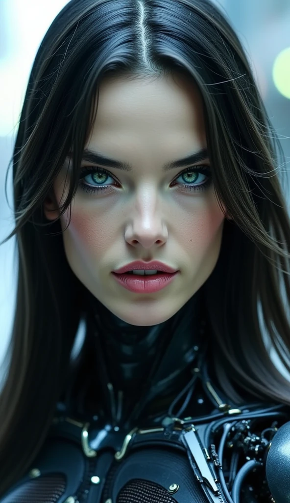 create a futuristic woman with long loose black hair, vibrant blue eyes, thick lips, very beautiful, with a serious face, and with robotic parts