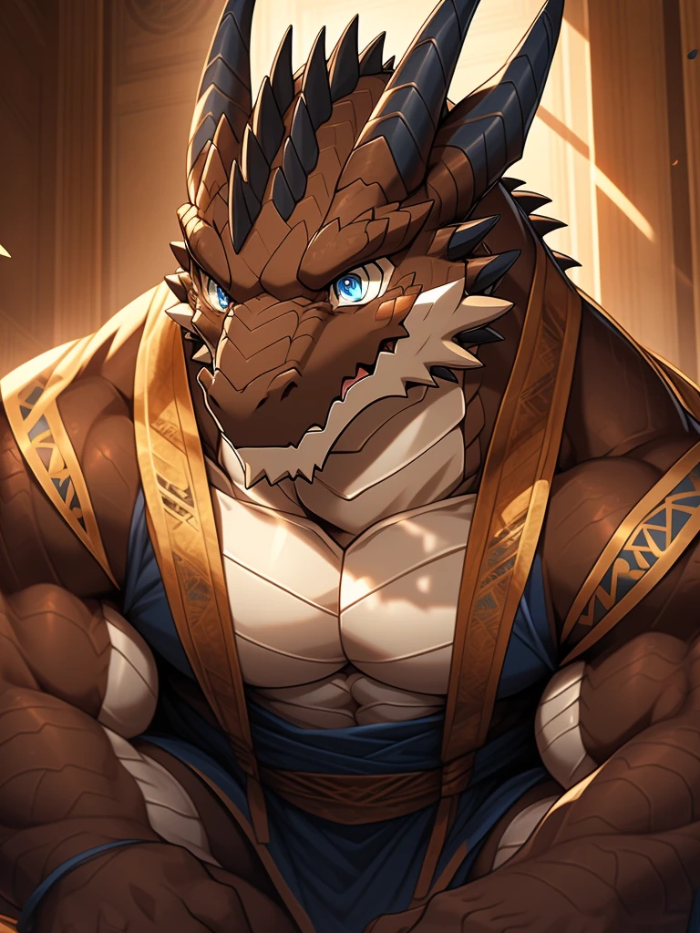 An anthropomorphic male dragon, His body is adorned with luxurious and gorgeous purple lace lingerie, Highlight his muscular body and sharp claws. The underwear tightly wrapped around his body, Showing the outline of his chest, abdomen, and weapons. His wings, Stretch and elegant, Delicate lace pattern glitters in the light、dance to tune. Dragon's Tail, Long-lasting and powerful, Contrast with the gorgeous purple clothing. He has a gold nipple ring,Connected with a delicate chain, Drawing attention to his protruding chest,Emphasize his charming masculinity. The dragon's eyes are a striking amethyst color, Full of confidence and, The iridescent purple color of the bra and the gold accents of the embellishments. The background of this photo is a luxurious bedroom, With luxurious furniture and soft, plush pillow, Create an atmosphere of indulgence and sensuality.