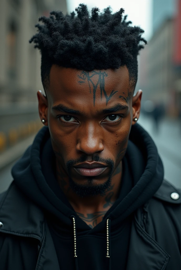 I want a dark-skinned male character with curly hair, one side white and one side black, with a chest tattoo that says family.