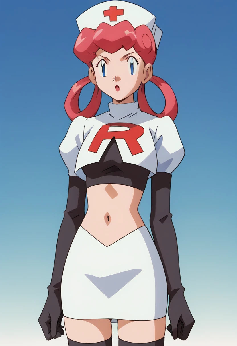 8k, masterpiece,highres,team rocket uniform, red letter r, white skirt,white crop top,black thigh-high boots, black elbow gloves, glaring angrily, looking down at viewer, hands on hips, cowboy shot, zettai ryouiki,from below, black panties,anime style, vivid colors, sharp focus, intense lighting,sonia,side ponytail,orange hair