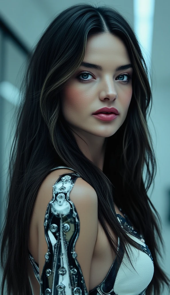 create a futuristic woman with long loose black hair, vibrant blue eyes, thick lips, very beautiful, with a serious face, and with robotic parts