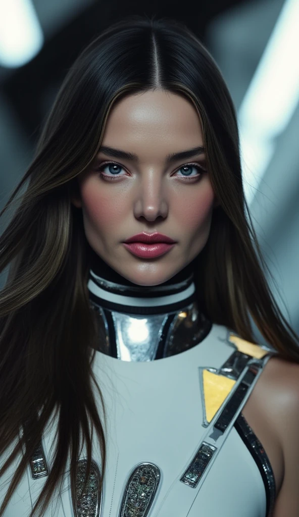 create a futuristic woman with long loose black hair, vibrant blue eyes, thick lips, very beautiful, with a serious face, and with robotic parts