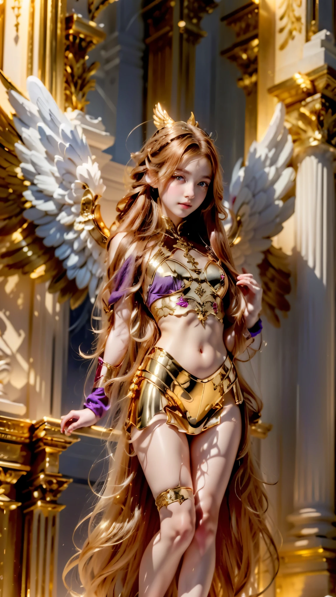 red-haired woman in a gold bikini with angel wings posing for a photo, beautiful female angel, anjo majestoso de  full body, of , , Angelic Golden Armor , elegant golden body, of an  girl, linda deusa, Golden Wings, smooth golden skin, golden asas, a beautiful and young ethereal figure , elegant golden skin,  girl portrait, 
([long hair hair]:1.8), ( full body:1.8), ( upper body:0.3), (hyper realistic:1.4), (realistic:1.3), ( best quality real texture skin ),  detailed eyes,  detailed face , Persephone, (sfw:1.5) Hyperrealistic, LESS saggy breasts, ( small breasts :1.5), (huge legs:1.5), (LESS THIGHS:1.5),  perfect legs ,  perfect legs , pernas added, pernas added e perfeitas,  shapely legs,  shapely thighs, pernas added, Smooth thighs. ( erotic pose :1.5), (thick eyebrows:1.2), (big purple eyes:1.2), ( ultra detailed eyes :1.4), ( high resolution eyes :1.1), ( ultra detailed skin texture :1.4), (Beautiful toned body:1.1), hair bow, (moist skin:1.1), (Sexy face:1.5),
