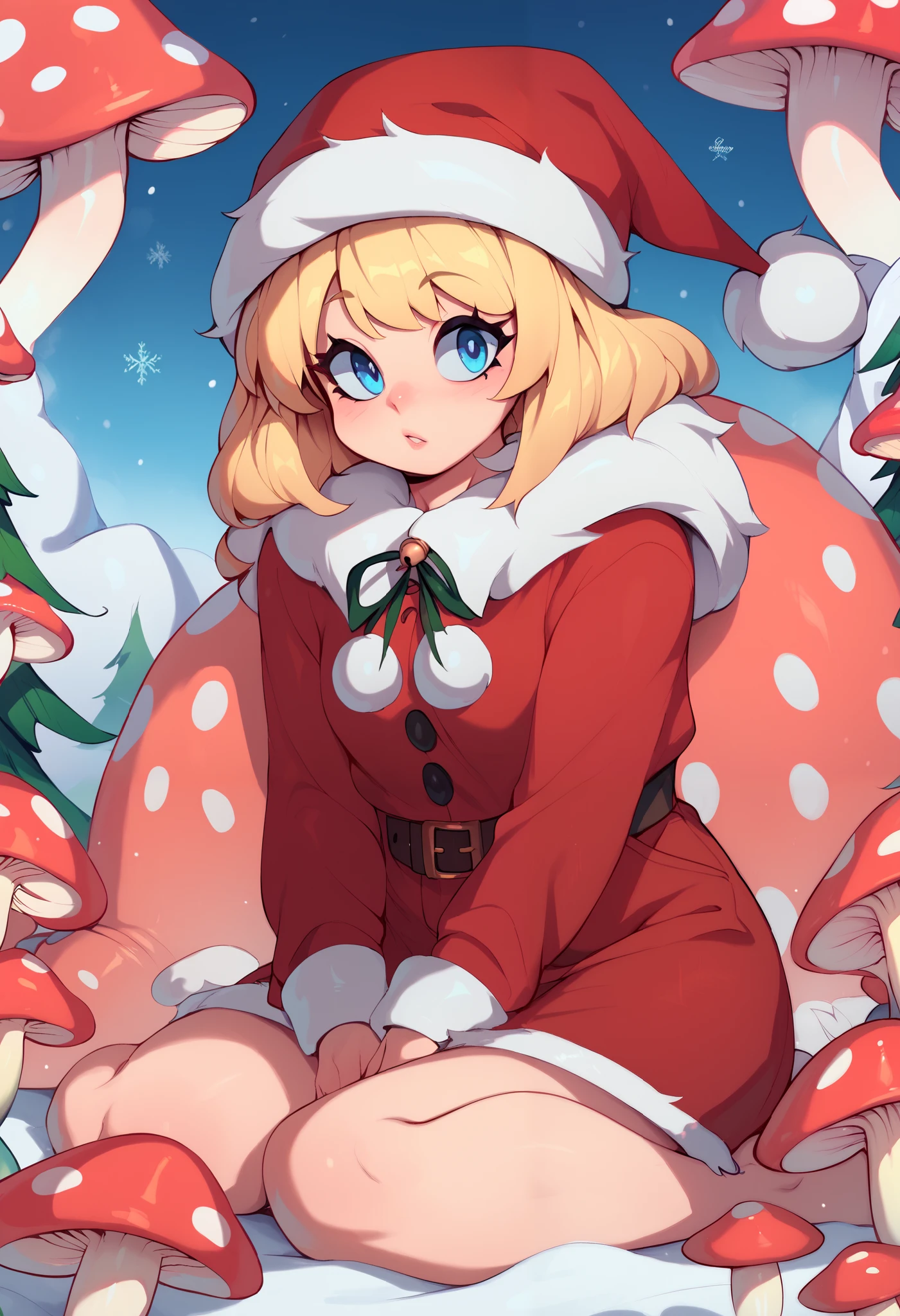 santa costume, , fur trim, snow background, mushroom girl,red mushroom on head, blonde hair, blue eyes,tayuri style