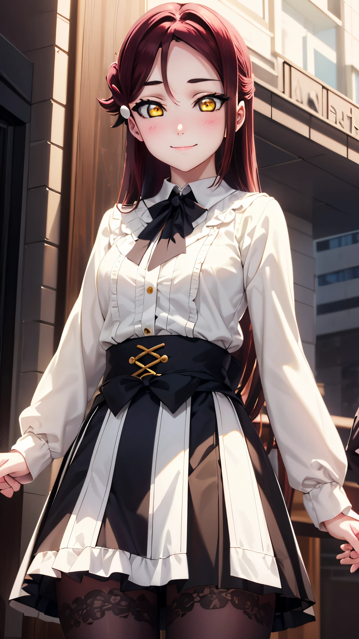 【 Rico Sakrouchi, Riko Sakurauchi, long hair, hair accessory as Kamui , ( yellow eyes:1.3), Red Hair, hair clip,
break skirt, break looking at viewer, ( cowboy shot:1.5),
break (masterpiece:1.2), top quality , high res, unity 8k wallpaper, ( illustration:0.8), ( beautiful detailed eyes:1.6), Extremely Exquisite Face , perfect lighting, extremely detailed CG, (perfect hand, Perfect Anatomy), blush, seductive smile ,