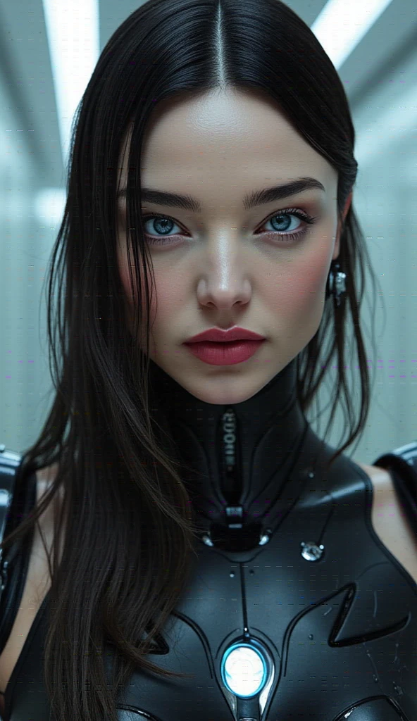 create a futuristic woman with long loose black hair, vibrant blue eyes, thick lips, very beautiful, with a serious face, and with robotic parts