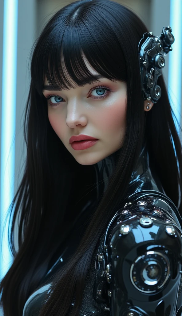 create a futuristic woman with long loose black hair, vibrant blue eyes, thick lips, very beautiful, with a serious face, and with robotic parts