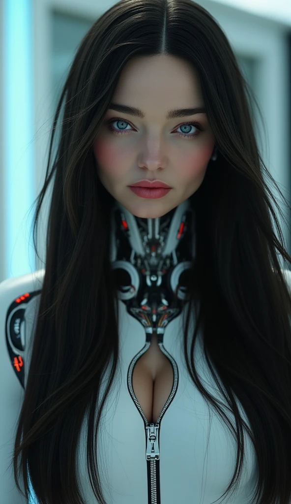 create a futuristic woman with long loose black hair, vibrant blue eyes, thick lips, very beautiful, with a serious face, and with robotic parts