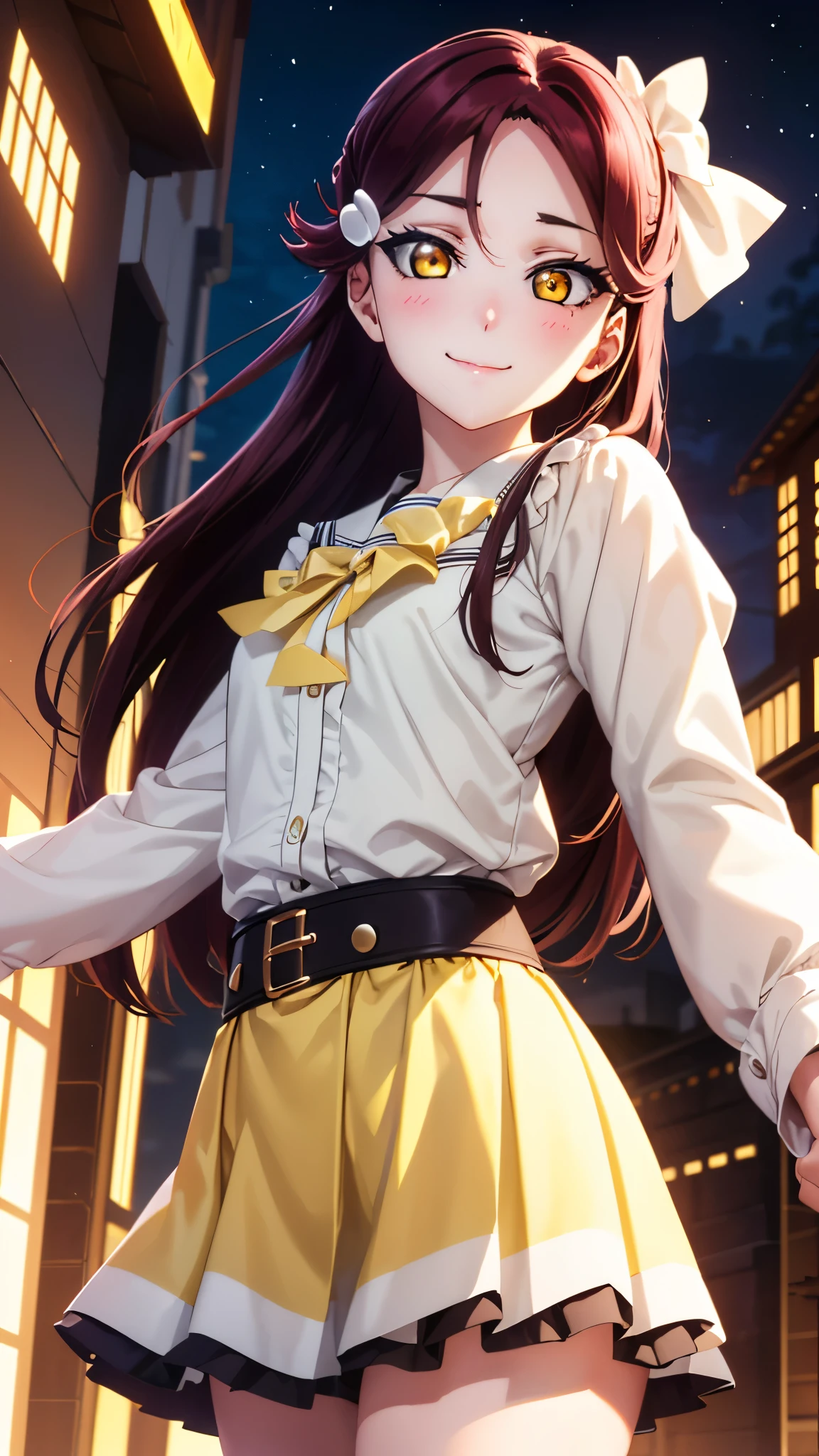 【 Rico Sakrouchi,   Riko Sakurauchi,  long hair,  hair accessory as Kamui , ( yellow eyes:1.3), Red Hair, hair clip,
break skirt, break looking at viewer, ( cowboy shot:1.5),
break (masterpiece:1.2),  top quality ,  high res, unity 8k wallpaper, ( illustration:0.8), ( beautiful detailed eyes:1.6),  Extremely Exquisite Face ,  perfect lighting,  extremely detailed CG, (perfect hand,  Perfect Anatomy), blush,  seductive smile , 