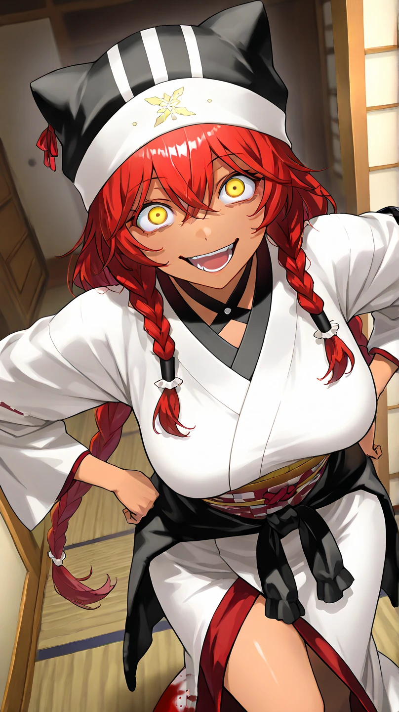 ,  High Quality , 最 High Quality , masterpiece,  high res, detailed face , anatomically correct , 
 yellow eyes,  red hair,  braids,,  wearing a black beast ear hat , One girl , solo, Dark Skin, brown skin, adult woman, Beautiful Women,Beauty,
Inside a Japanese house(Japanese-style room),血まみれのJapanese-style room,Blood is bouncing on the wall , blood is jumping all over the area where Ki is bouncing on the floor,Bloody Slayer,murder scene(血まみれのJapanese-style room)
samurai,kimono(赤色の雲の柄のkimono),A sword is stuck around the waist , wearing a sword around her waist,samuraiの女性

クローズアップ, from your hand and direct your gaze, Medium build,accurate, slightly larger breasts,
 angle from above ,high angle
smiling, ecstatic expression beside the piano,excited,  open your mouth slightly ,mischievous personality , seductive smile ,Her eyes are frowning ,Up to the thighs,Draw her in a larger size,Crazy look, hands behind hips ,Put your arms behind your hips, Crazy Eyes ,
Blood is coming back to her body ,There is blood on clothes,
