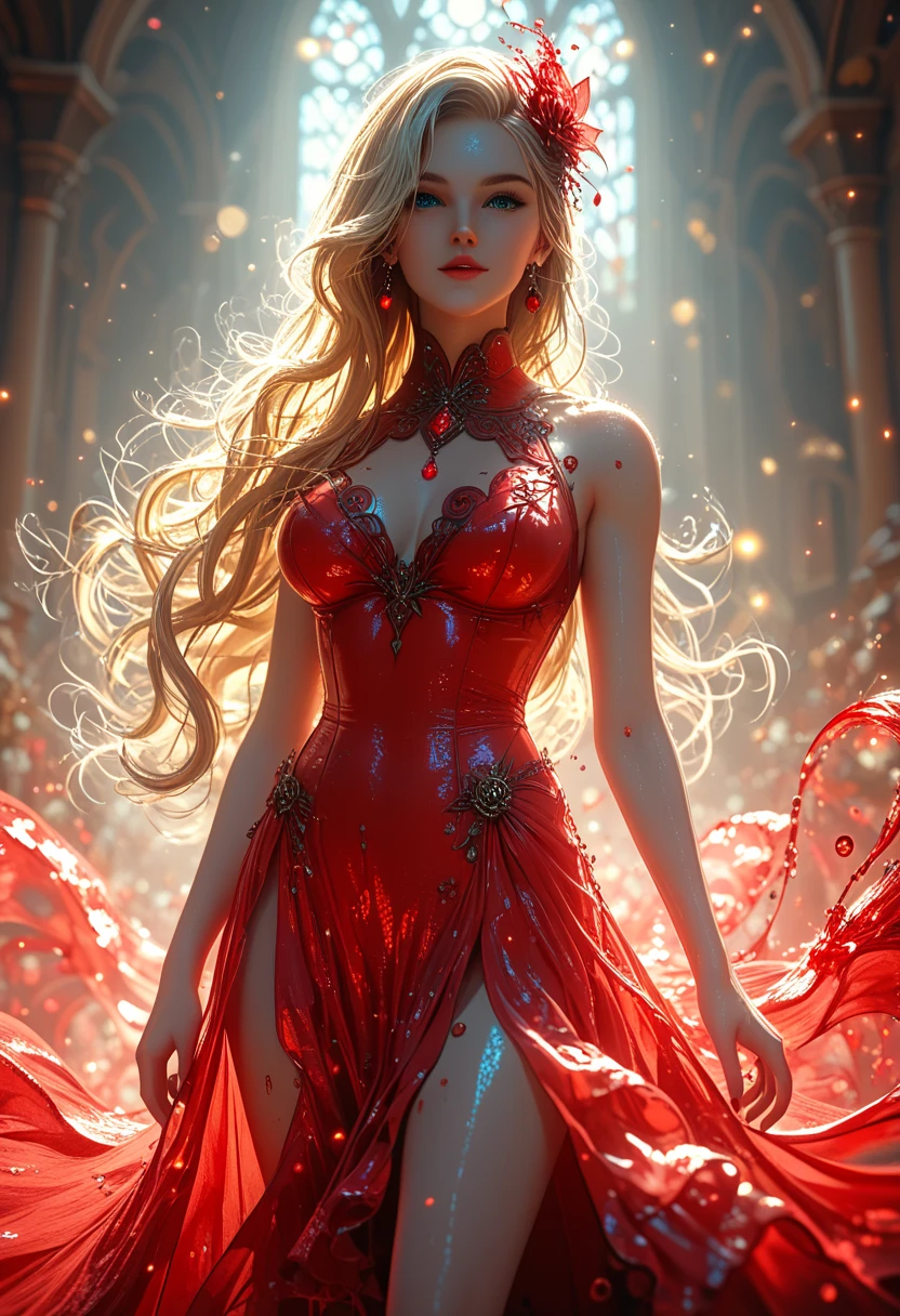 Aurum is an imposing and exuberant female elf figure., with a generous, curvy silhouette, extremely large breasts,gigantic breasts, She looks like anime characters and exudes sensuality.. She is dressed as a queen in a red dress, Adorned with golden jewels and precious stones that shine brightly. Your gaze is penetrating and full of intensity., Transmitting power and authority.. Aurum is surrounded by rose petals that accentuate its aura of beauty and sensuality.... Your mouth is well marked and seductive., and your whole body radiates an irresistible sensuality.