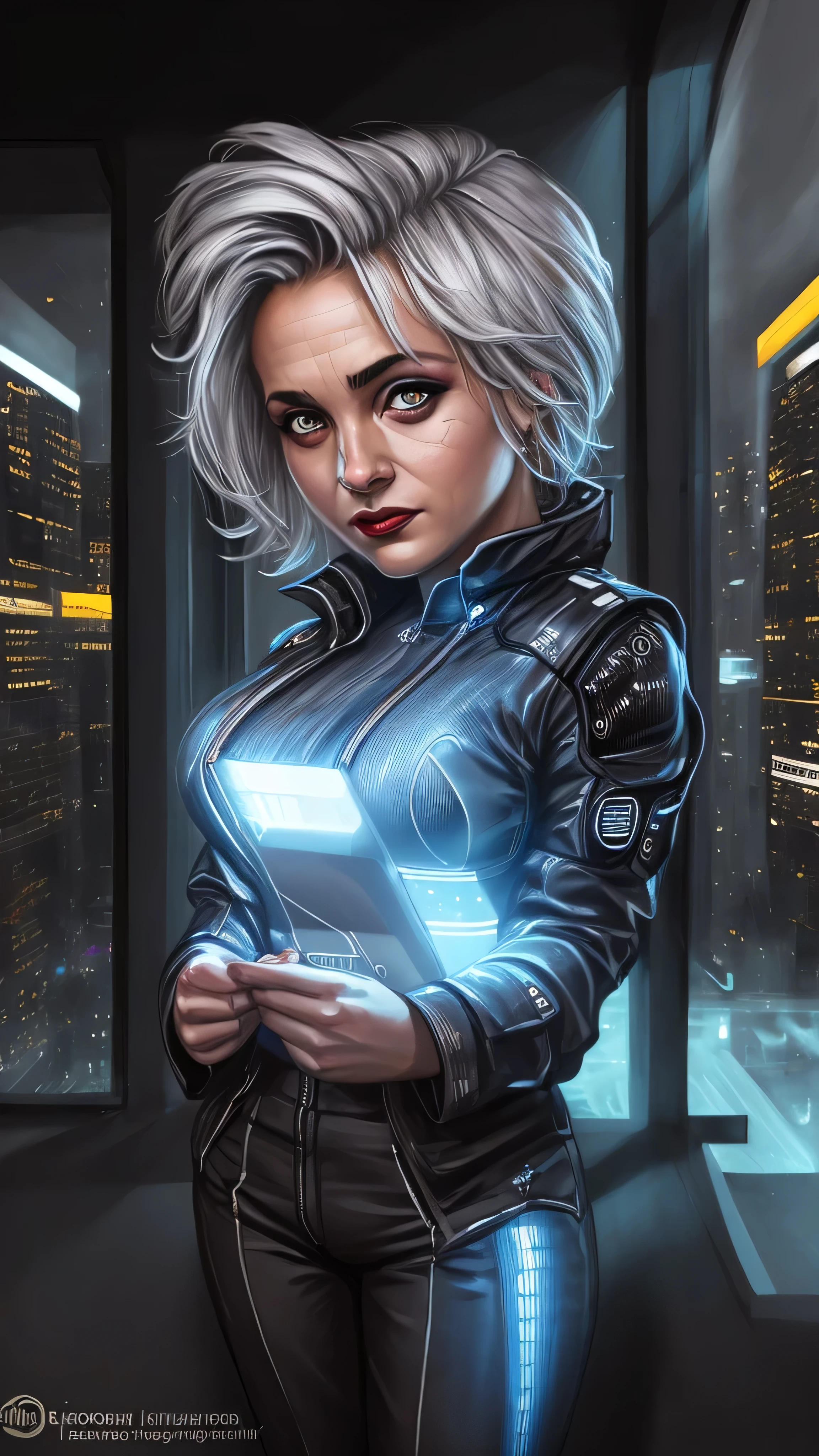 gnome, female, short stature, shortstack, white hair, big black eyes, big ears, ((dark grey body skin)), businesswoman, sleek futuristic pantsuit, shimmer metallic fabrics, short asymmetrical haircut is dyed in vibrant cyberpunk hues, augmented cybernetic implants, glowing circuitry patterns along her temples, stands, high-tech corporate office, floor-to-ceiling windows, sprawling cityscape, towering skyscrapers, glowing holograms, holds sleek holographic tablet, displaying stock data, glass of something sophisticated, sharp, confident, authority focus expression, subtle smirk, (insanely detailed, beautiful detailed face, masterpiece, best quality), cinematic lighting, solo, cowboy shot, front view, looking at viewer, intricate, high detail, sharp focus, dramatic, photorealistic painting art by greg rutkowski