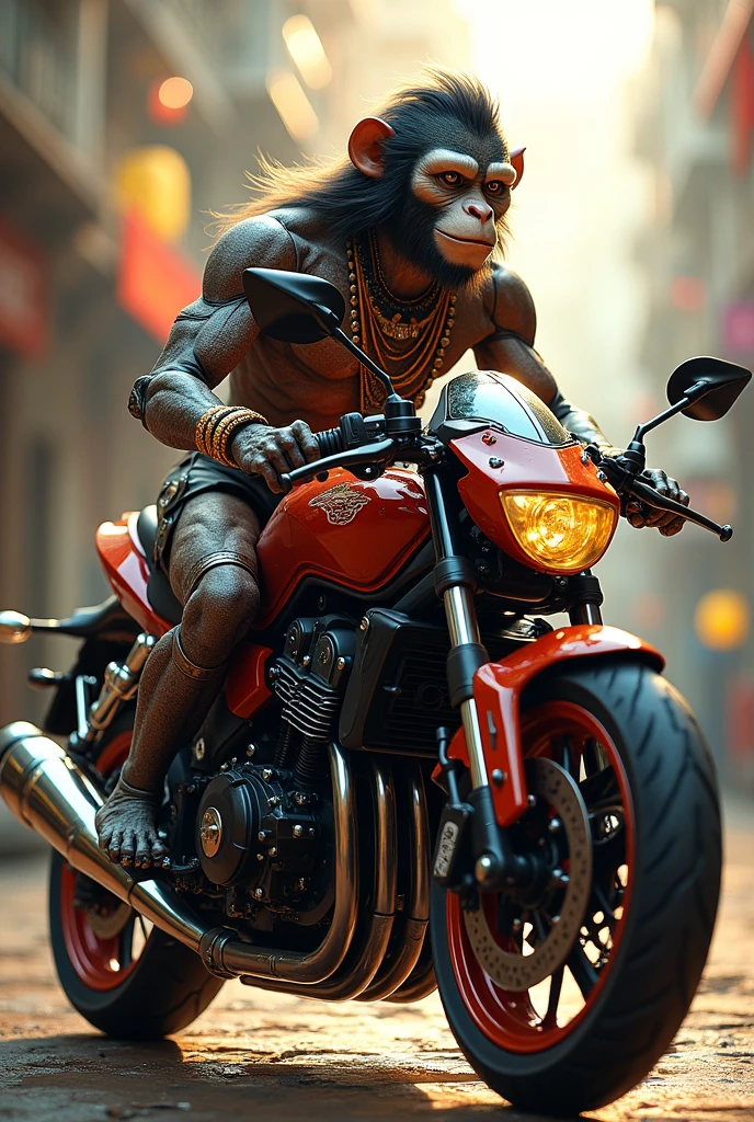 Masterpiece, (Super Detailed), (Animal Anthropomorphism), Gangster Theme, Chimpanzee, Jacket, Dim Light Motorcycle Riding, Tattoos, Machine Gun, Smoke, Shadows, Destroyed Cityscape, Highest Quality, Solo Focus, (lean: 1.04), muscular man, full body, intricate., Lee Jeffries Nikon d850 film stock photography 4 camera kodak portra 400 f1.6 lens rich colors hyper realistic realistic texture dramatic lighting unreal engine trends on artstation cinestill 800 (vignette: 1.3), Filmgrain