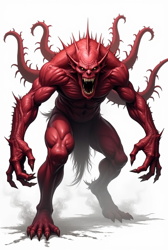 Vampiric monster with enormous jaw that extends far enough to form a semicircle, teeth that reach beyond your chin, and blood-colored twinkling crimson eyes. Its feet and hands are equipped with sharp claws that are about a dozen centimeters long.. as if it were a painting by Francisco de Goya