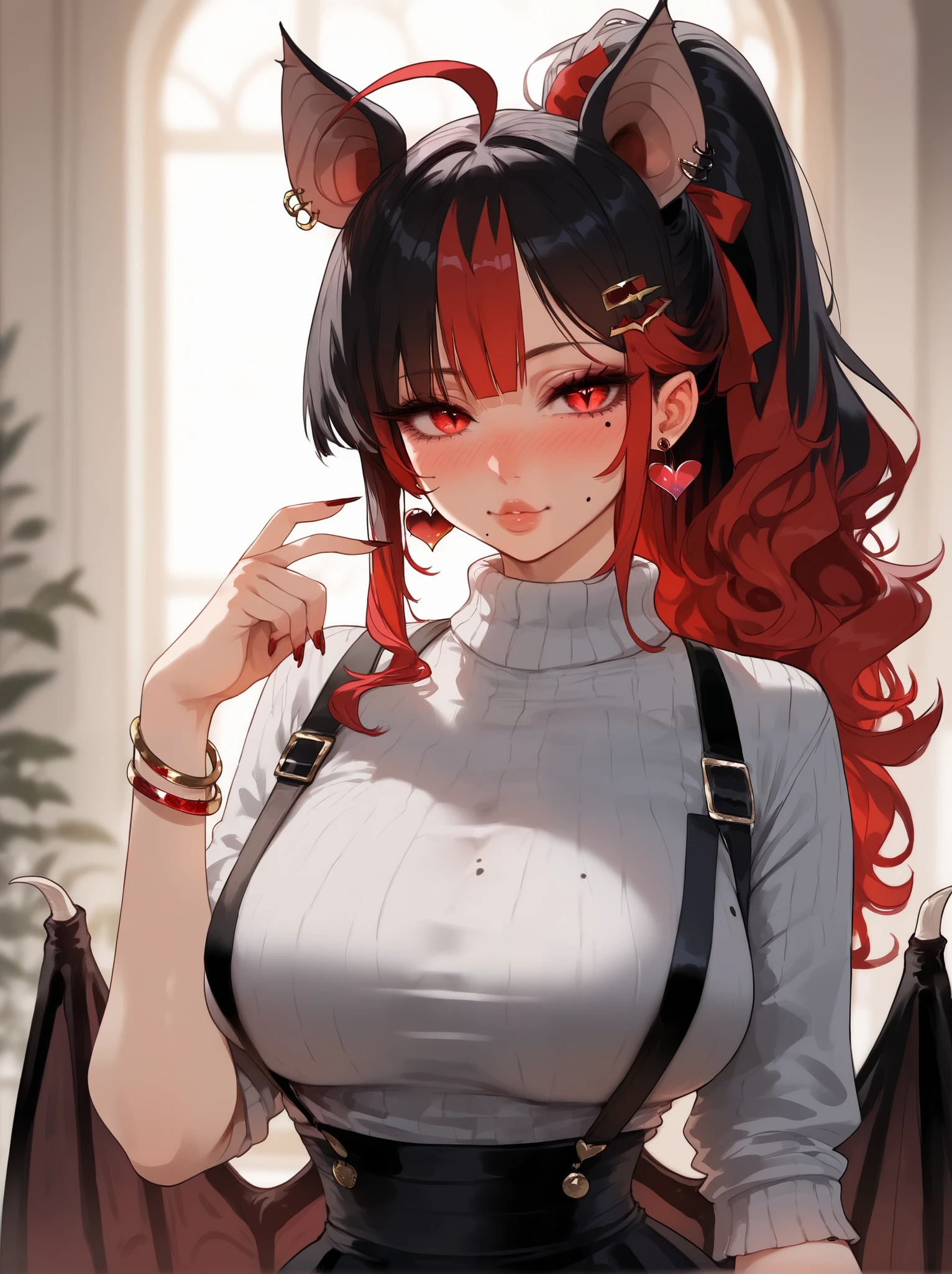 Masterpiece, best quality, upscaled, HD detail, detailed, good quality, score_9, score_8_up, score_7_up, detailed eyes, mole on face, mole on breasts, lips, ((large breasts)), heart earrings ,   ,red eyes, High ponytail, long side hairs, eyes through bangs, hair clips, detailed eyes, hair ribbons, jewelry, eyeliner, dolly eyelashes, ,  ahoge, wavy hair, blush, bracelets , skinny waist, bracelets, nails, black hair undertone, bat ears, bat wings, suspenders, short skirt, sweater top, looking at viewer , ((bat ears on head)), ((half red hair))