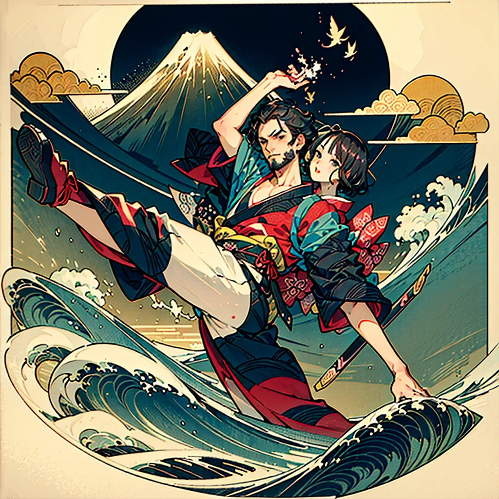  top quality 、masterpiece、 Official Art、  Dynamic Composition 、 handsome face、In Katsushika Hokusai's paintings、beautiful man in kimono 、samurai、Doing a high kick、,Hiroshige Utagawa,Hiroshige Utagawa \(destiny\)、 very elaborate original illustration、 Mount Fuji in the background  、
