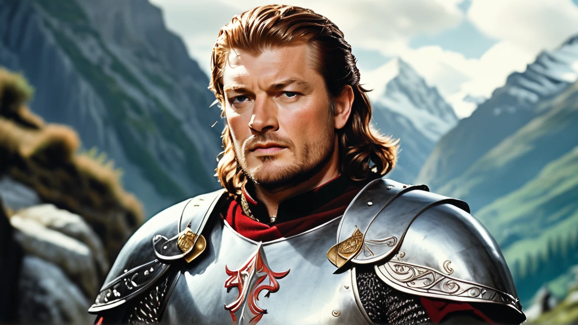 Boromir, capturing his noble yet conflicted appearance. He has shoulder-length, slightly tousled brown hair and a trimmed beard, with piercing, determined eyes that hint at his inner struggles. He is dressed in his iconic attire: a rich red tunic with intricate detailing, a long fur-lined cloak, and sturdy leather bracers. Over his chest, he wears a gleaming, intricately designed Gondorian breastplate, symbolizing his role as a warrior and protector. His hand rests on the hilt of his sword, and the background is a rugged, mountainous landscape, evoking his strength and steadfast resolve, old movie, 1950 panavision, retro style, sean bean face