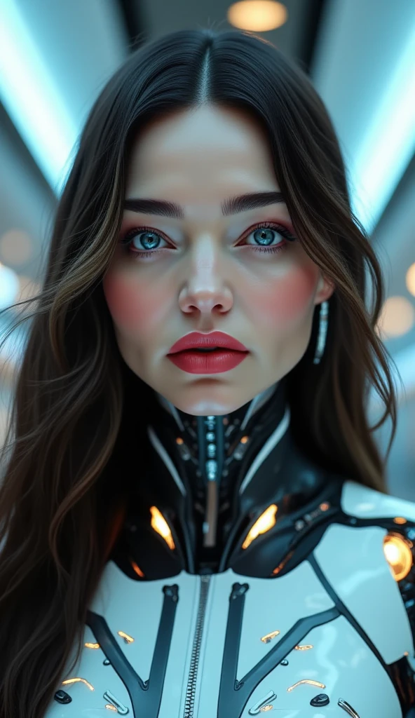 create a futuristic woman with long loose black hair, vibrant blue eyes, thick lips, very beautiful, with a serious face, and with robotic parts