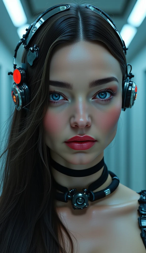 create a futuristic woman with long loose black hair, vibrant blue eyes, thick lips, very beautiful, with a serious face, and with robotic parts