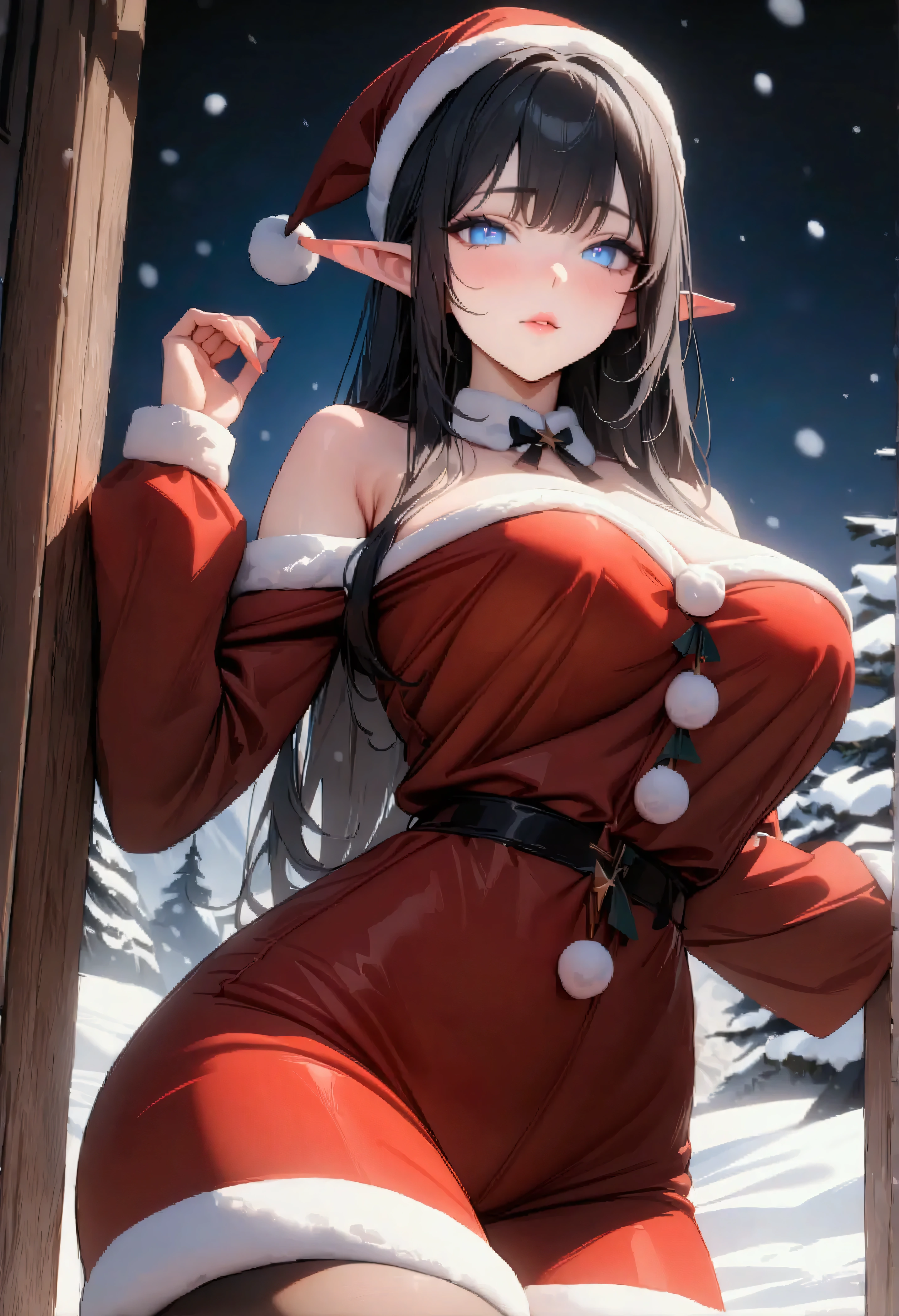 cute  elf,(((little ,tiny little body,little))),(((6 years old))),((anime elf  with extremely cute and beautiful orange hair)), (((elf))), (((elf ears))),

(((flat chest))),((((black hair:1.35,messy orange hair,long hair,huge braids,colored inner hair,ear breathing)))),(((orange_eyes:1.3))),intricate eyes,beautiful detailed eyes,symmetrical eyes,big eyes:1.5,(((lustrous skin:1.5,bright skin: 1.5,skin tanned,shiny skin,very shiny skin,shiny body,plastic glitter skin,exaggerated shiny skin,illuminated skin))),(detailed body,(detailed face)),

cute,slutty,erotic,daring,(((nsfw))),

zettai ryouiki,revealing clothing,show skin,(((Sexy orange coat, orange coat outfit, wearing a orange coat:1.3,orange winter coat))), ((orange mini-skirt,orange mini skirt with furry edge,visible thong straps)),(white gloves,orange clothes,semi-naked,with little orange clothing,((((furry edge clothing)))),(((intricate outfit,intricate clothes,embroidered outfit,ornate outfit))),

(dynamic pose:1.0),embarrassed,(centered,scale to fit dimensions,Rule of thirds),

((snowy pine forest at night)),with dark stormy clouds,winter,scenery:1.25,((snow forest background)),Christmas tree,

highres,sharp focus,(ultra detailed,extremely detailed),(photorealistic artwork:1.37),(extremely detailed CG unity 8k wallpaper),(((vibrant colors,vibrant theme))),(intricate),(masterpiece),(best quality),