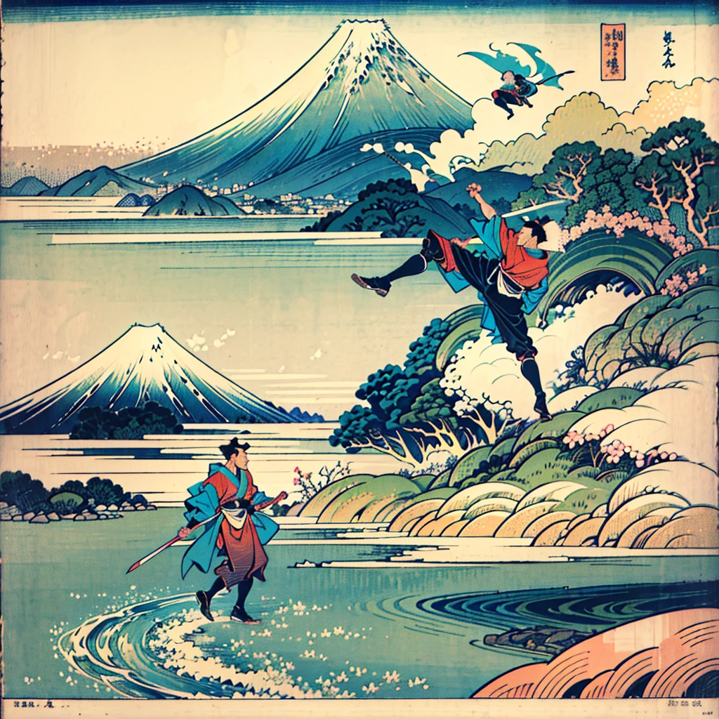  top quality 、masterpiece、 Official Art、  Dynamic Composition 、 handsome face、In Katsushika Hokusai's paintings、beautiful man in kimono 、samurai、Doing a high kick、,Hiroshige Utagawa,Hiroshige Utagawa \(destiny\)、 very elaborate original illustration、 Mount Fuji in the background  、