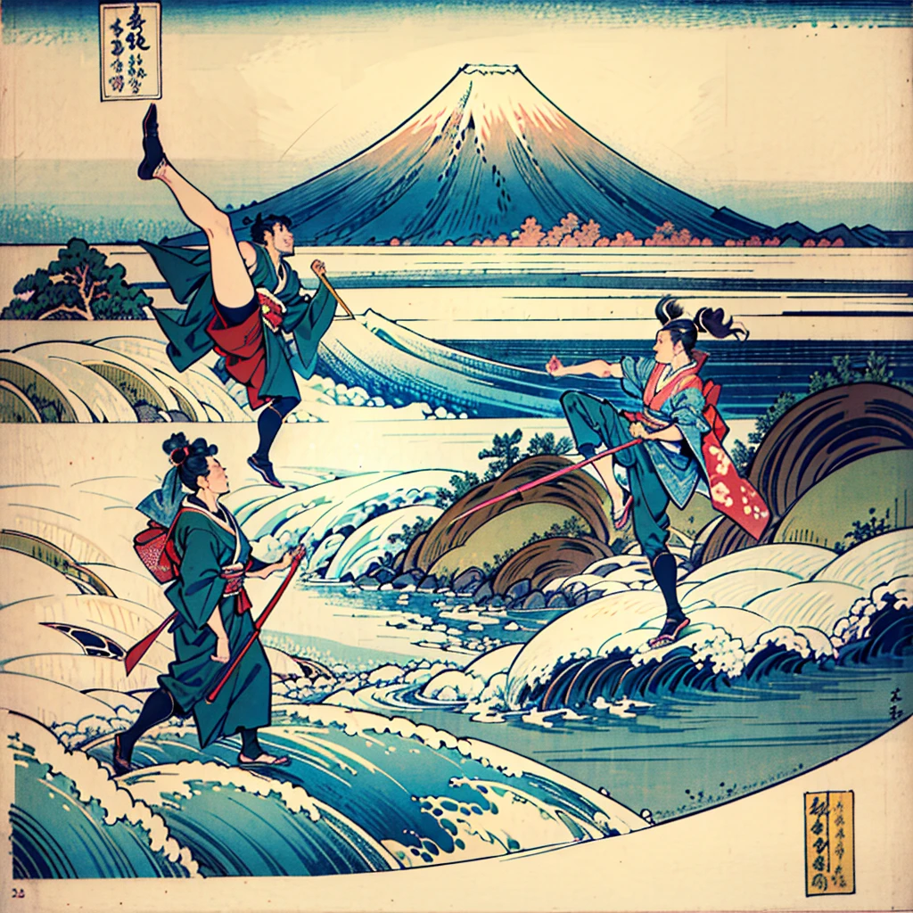  top quality 、masterpiece、 Official Art、  Dynamic Composition 、 handsome face、In Katsushika Hokusai's paintings、beautiful man in kimono 、samurai、Doing a high kick、,Hiroshige Utagawa,Hiroshige Utagawa \(destiny\)、 very elaborate original illustration、 Mount Fuji in the background  、