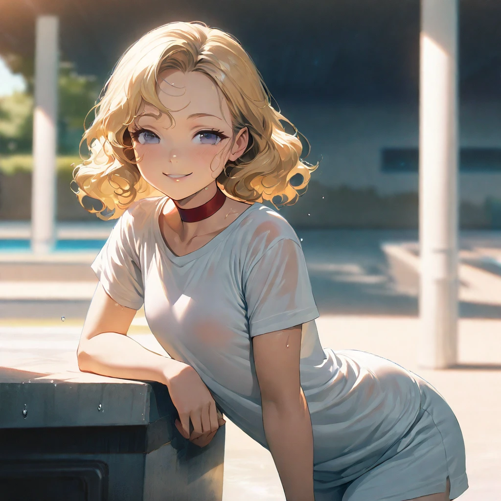 (best qualtiy,masterpiece1.2),(Detailed eyes:1.2),Complicated details,depth of fields,20 years girl,standing on your feet,sport,gym room,twisted torso,sweat leggs,tilt of the head,ssee-through,blond hairbl,freckle,Be red in the face,Steam the body,(oversized tank top),(The light from the back window is backlighted:1.2),twisted torso,(musculature:0.6),(long whitr hair:1.2),looking at viewert,ssmile,sockes,athletic sneakers,(sweat leggs),Superskirt,Squats,frontage,White lace panties