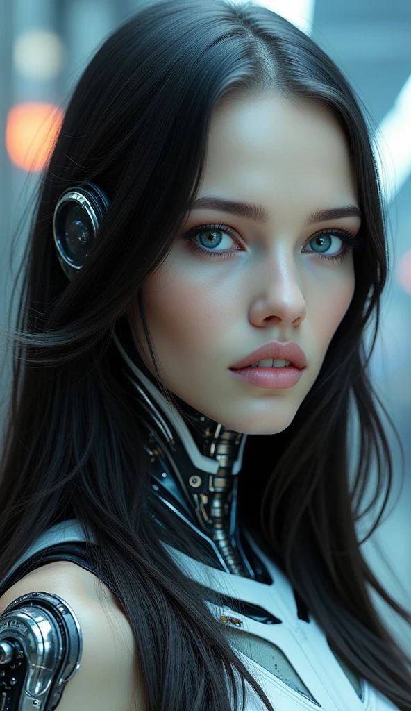 create a futuristic woman with long loose black hair, vibrant blue eyes, thick lips, very beautiful, with a serious face, and with robotic parts