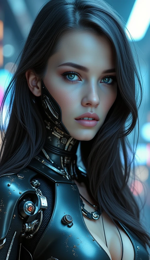 create a futuristic woman with long loose black hair, vibrant blue eyes, thick lips, very beautiful, with a serious face, and with robotic parts