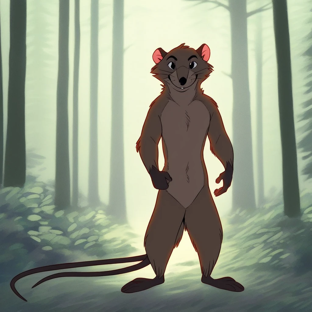 score_9, solo, justin_rat, furry, naked, nude, tail, standing, facing viewer, looking at viewer, outdoors, trees, forest, natural lighting, full body, front view