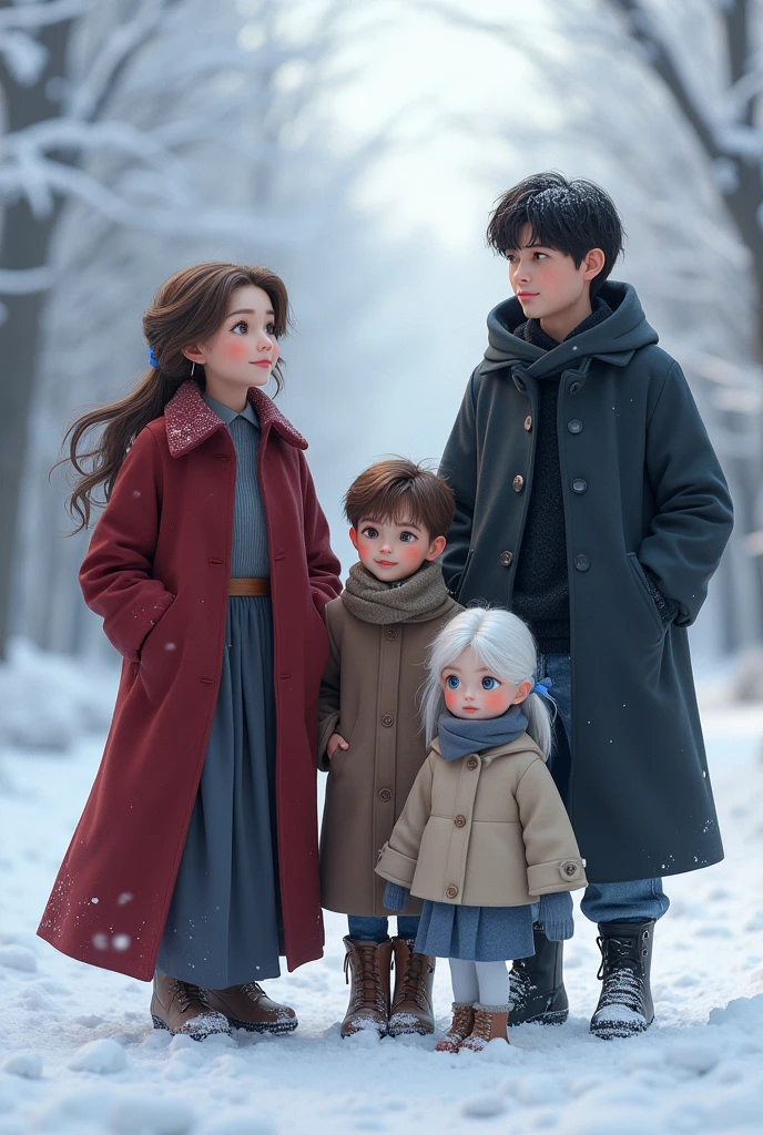 A brown-haired white woman with brown eyes , a black-haired white man with blue eyes , a black-haired white boy with blue eyes and a white-haired girl with blue eyes in the snow