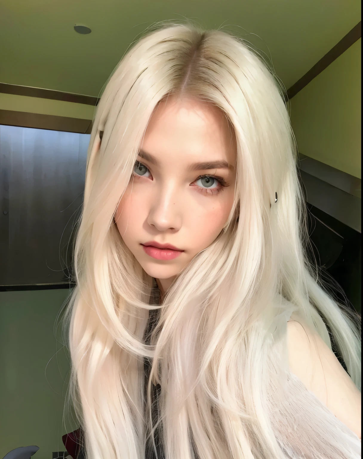 a close up of a woman with long blonde hair and a black shirt, pale hair, with long white hair,  with long white hair, Parque Roseanne do Blackpink, extremely pale blond hair, very very pale blond hair, her hair is white, white hair color, white hime cut hairstyle, White - Blonde Hair,  Beautiful white hair , white blonde hair,   with white hair