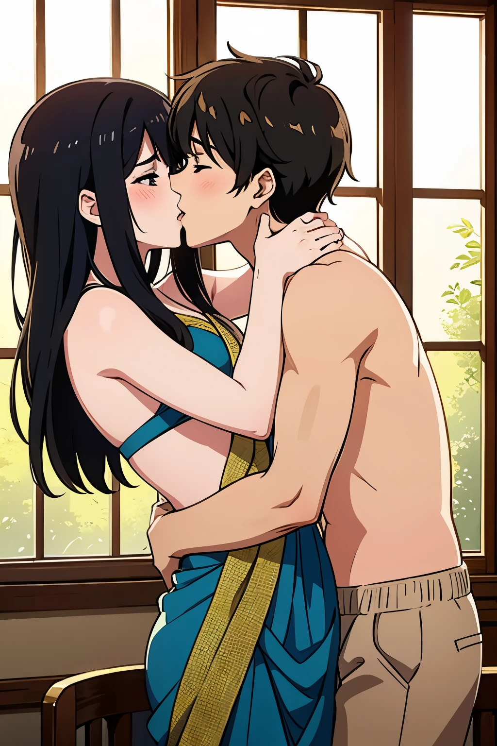 shinkai makoto, kimi no na wa., 1middle age man, wrinkle face, black hair,bangs swept to the right side, office suit, middle aged man caressing girl's body, kiss cheeks, passionate hug, boy is hugging from behind, chestgrope from behind, middle aged man is touchig girl's chest, hold chest, 1girl, nude, bangs, black hair, brown eyes, Twisted Half Up Hair, red ribbon, long hair, nipples, medium breast, storage room, indoors, masterpiece, perfect anatomy, cowboyshot