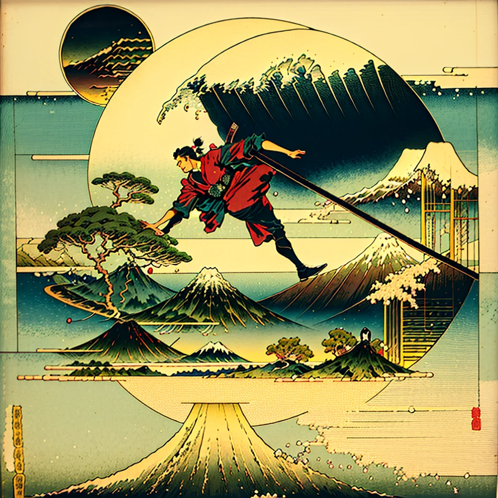 1boy, top quality 、masterpiece、 Official Art、  Dynamic Composition 、 handsome face、 top quality 、masterpiece、 Official Art、  Dynamic Composition 、 handsome face、In Katsushika Hokusai's paintings、beautiful man in kimono 、samurai、Doing a high kick、,Hiroshige Utagawa,Hiroshige Utagawa \(destiny\)、 very elaborate original illustration、 Mount Fuji in the background  、
