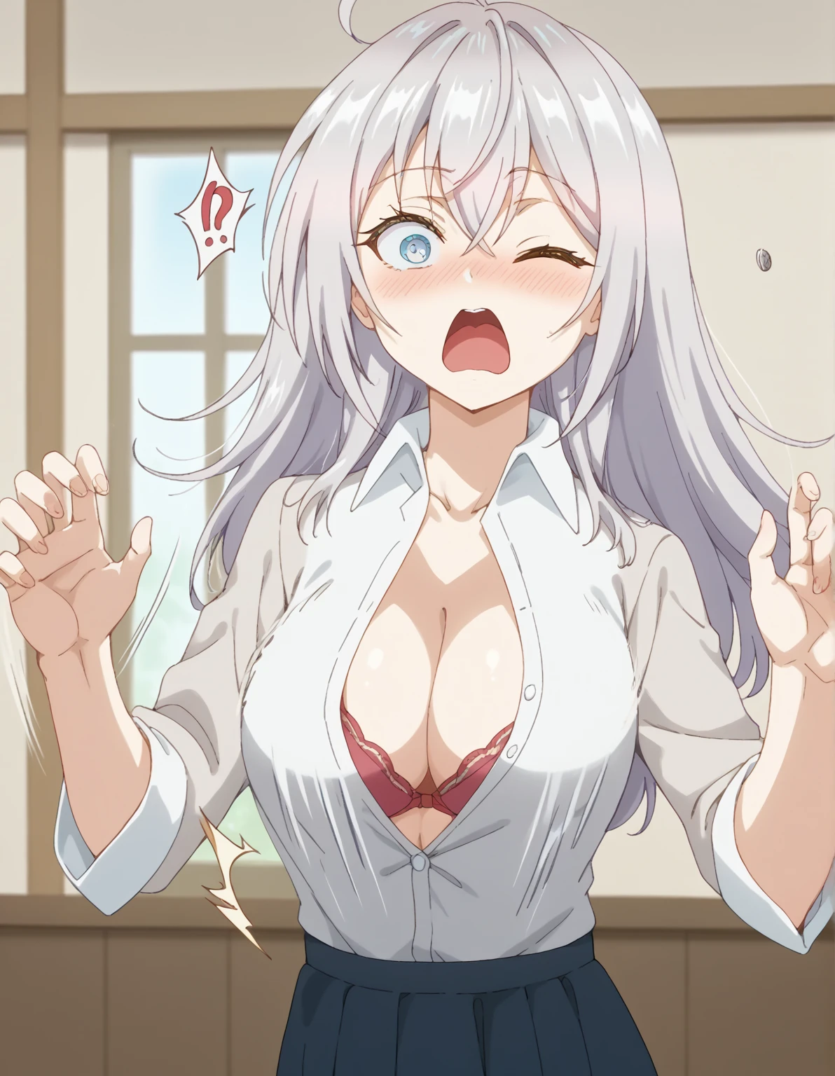 source_anime, 1girl, alya_def, solo, eyes with rings, flying button, popped button, busted breasts, wardrobe malfunction, button opening, bra peeking, surprised, motion blur, shirt, cleavage, motion lines,?!,, indoors, blush , mouth open, one eye closed,, cowboy shot, dutch angle,