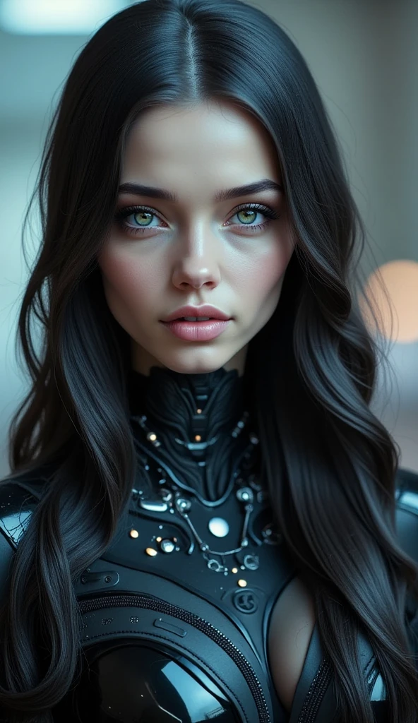 create a futuristic woman with long loose black hair, vibrant blue eyes, thick lips, very beautiful, with a serious face, and with robotic parts