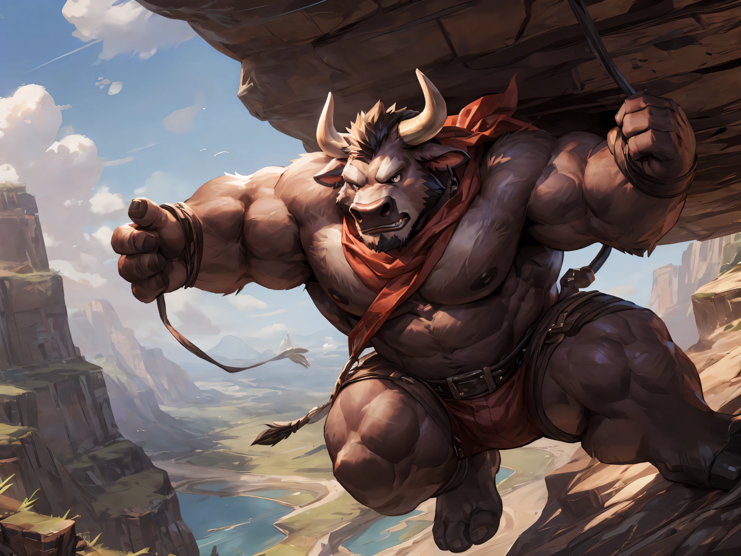 deep brown bovine, deep brown ox, deep brown bull, red scarf, ox horns, horns, Bull's tail , anger, tight-fitting adventurer clothes, solo, in heeltop, Cliff , Precipice, Bungee jumping, masterpiece, (16K), HD, Various facial details, detailed background, very detailed, dynamic poses, Eyes details, high resolution, high quality, correct anatomy, cartoon, by lindong, by null-ghost, in the morning