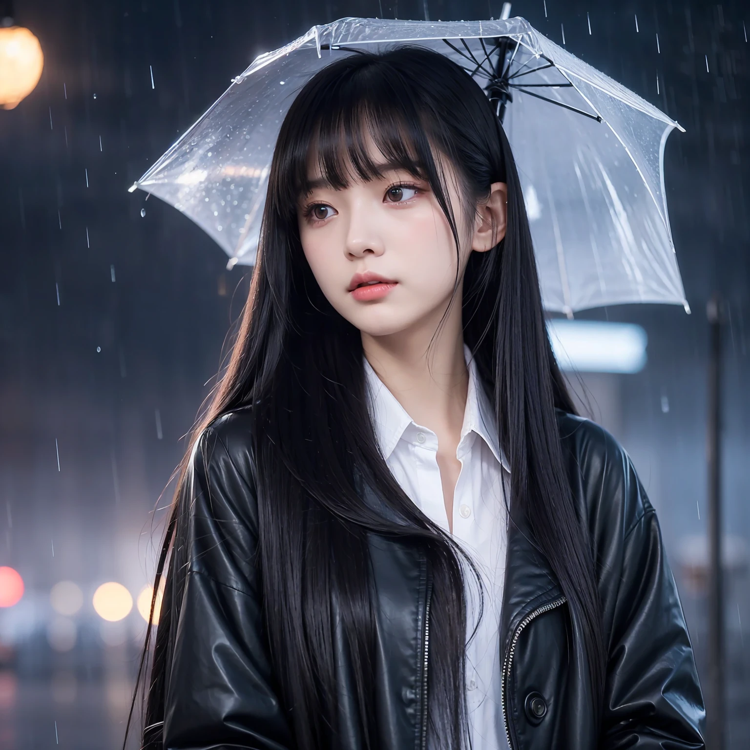  Girl with straight long black hair , long fringe covering the forehead , , minissaia jeans,  black jacket white collar,  black ball ,  gray eyes, expressionless face, delicate face, (two),(rainy night with fog),  the girl holds a red umbrella , Very strong moonlight , A is crying , (bangs covering the entire forehead), girl is waiting at the bus stop , Straight and smooth bangs , Long straight straight hair , completely straight hair,  side view, station ,  detailed background , bluish filter with a sense of nostalgia ,  photograph in the style of an Asian movie scene from the 2000s,heavy rain