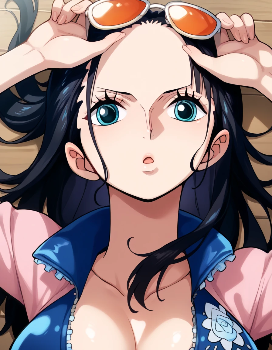 score__8_ up score_7_ up,  One Piece Nico Robin ,  black hair,  long hair,  blue-white skin,  blue eyes, Shut up, Sunglasses on forehead, Blue Zip- up Jacket, Short sleeve, midriff, Pink is a , Wooden Ship , I'm wearing a sea background ,   tilt their hands behind their heads , huge breasts,  Wide Hips, Slim waist, Alone, Aerial View,  (  Cartoon Style Bold Linework Zarina:1.2),  brightly colored ,  cell shading ,  Simple Art Style ,  viewers, Alone アヘ顔:1.4