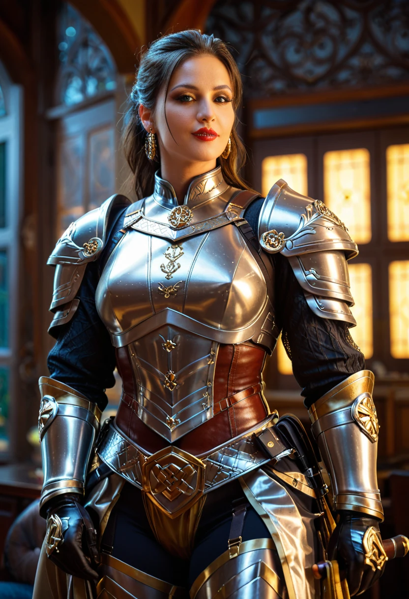 full body cinematic photo a  woman wearing armor by nikolay makovsky : 10, 4k resolution; detailed film still promotional image ektachrome photograph wide angle lens ; low contrast dramatic lighting unreal engine 5 cinematic color grading composition and effects makeup design trending on artstation oct  . 35mm photograph, film, bokeh, professional, 4k, highly detailed 