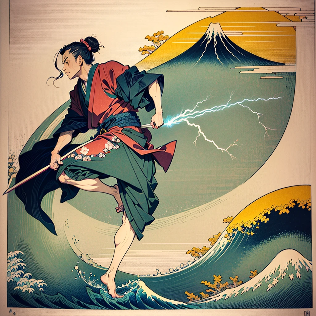 1boy, Katsushika Hokusai-style line drawing.  high kicks 、 high-resolution ukiyo-e 、 lightning fractal art 、samurai、Hakama is a full-body painting with natural colors using knee-length 、 majestic yet determined expression 、Intimidation、force、