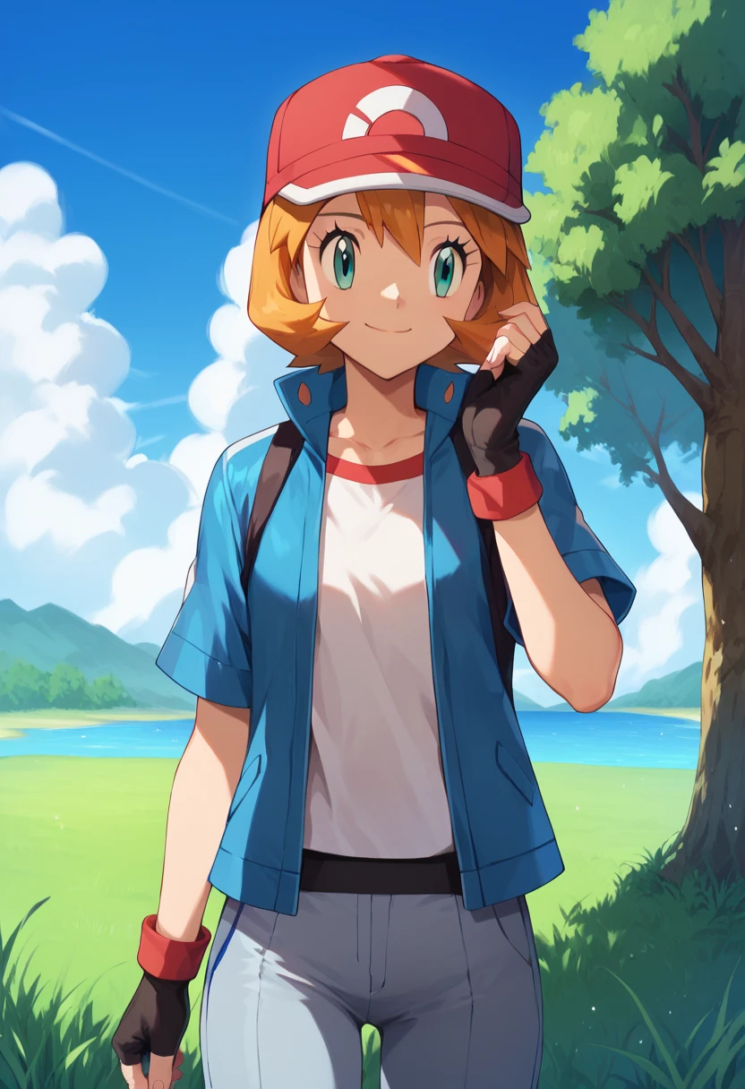 (masterpiece, highres, best quality:1.3), outdoors, red hat, gloves, solo, aqua eyes, fingerless gloves, closed mouth, day, eyelashes, 1girl, misty \(pokemon\), cosplay, blue jacket, grass, short hair, short sleeves, red headwear, black gloves, jacket, sky, pants, cloud, baseball cap, hand on headwear, smile, grey pants, bangs, hand up, orange hair, collarbone, shirt, tree, water, gonzarez